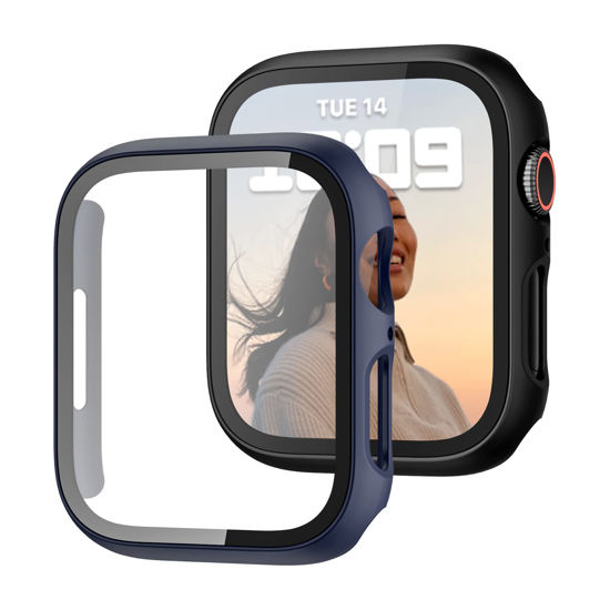 Picture of 2 Pack Case with Tempered Glass Screen Protector for Apple Watch Series 3/2/1 38mm,JZK Slim Guard Bumper Full Coverage Hard PC Protective Cover HD Ultra-Thin Cover for iWatch 38mm,Black+Blue
