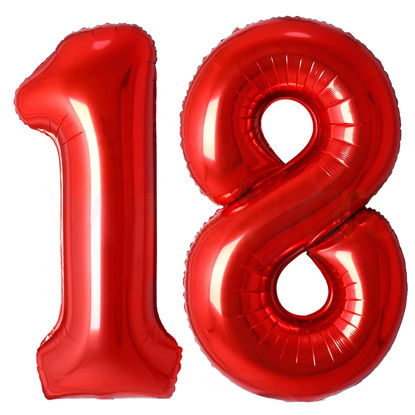 Picture of 18 Number Balloons Red Big Giant Jumbo Number 18 Foil Mylar Balloons for 18th Birthday Party Supplies 18 Anniversary Events Decorations