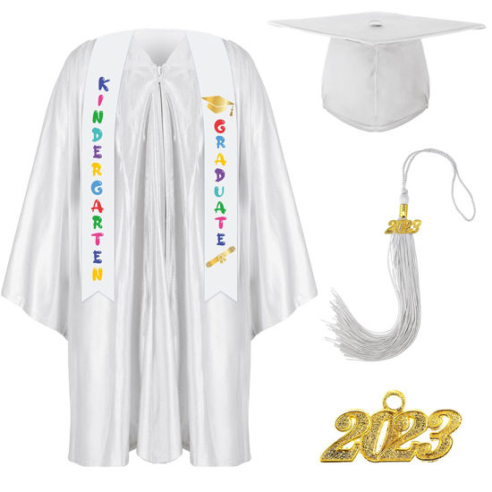 GetUSCart Foaincore 2023 Year Preschool and Kindergarten Graduation Gown Cap Tassel Set with 2023 Charm Printed Stole for Kid Grad Gift White 27