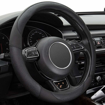 Picture of Xizopucy Black Microfiber Leather Steering Wheel Cover，Universal 15 inch Steering Wheel Covers for Car