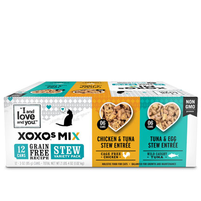 Picture of I AND LOVE AND YOU" XOXOs Canned Wet Cat Food, Chicken and Tuna/Tuna and Egg Stew, Grain Free, Real Meat, No Fillers, 3 oz Cans, Pack of 12 Cans