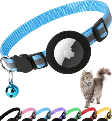 Picture of Airtag Cat Collar Breakaway, Reflective Kitten Collar with Apple Air Tag Holder and Bell for Girl Boy Cats, 0.4 Inches in Width and Lightweight (Blue)