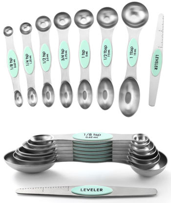 Spring Chef Magnetic Measuring Spoons Set, Dual Sided, Stainless Steel, Fits in Spice Jars, Black, Set of 8, Silver