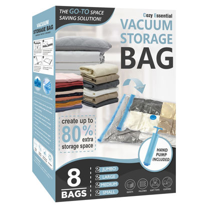 Picture of 8 Pack Vacuum Storage Bags, Space Saver Bags (2 Jumbo/2 Large/2 Medium/2 Small) Compression Storage Bags for Comforters and Blankets, Vacuum Sealer Bags for Clothes Storage, Hand Pump Included