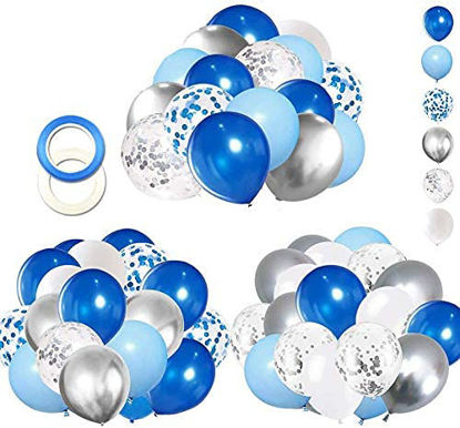 Picture of 62pcs Blue Silver White Confetti Balloons Kit, 12 Inch White Royal Blue Balloons Metallic Silver Balloons Blue Sliver Confetti Balloons for Boy Birthday Baby Shower Graduation Party Supplies