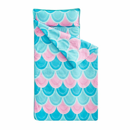 Picture of Wake In Cloud - Nap Mat with Removable Pillow for Kids Toddler Boys Girls Daycare Preschool Kindergarten Sleeping Bag, Mermaids Scales in Teal Pink Blue, 100% Soft Microfiber