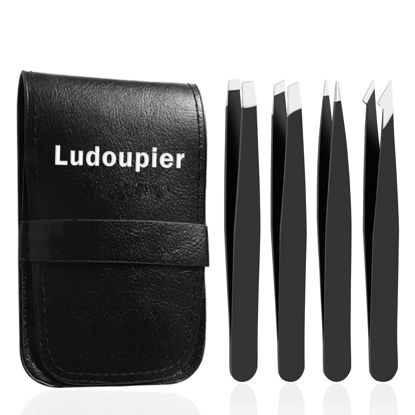 Picture of LUDOUPIER [4+1 Pieces] Tweezers Set with Travel Case, Great Precision Upgrade Professional Anti-rust Alloy Tweezers for Women & Men, Multi-purpose as Eyebrows Facial Hair Ingrown Hair Removal