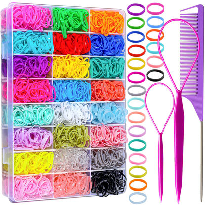 Picture of Elastic Hair Bands 24 Colors, YGDZ 1500 pcs Mini Hair Rubber Bands with Organizer Box, Soft Small Girl Hair Ties, Colorful Baby Rubber Bands Set with Hair Tail Tools, Rat Tail Comb for Kid Toddlers