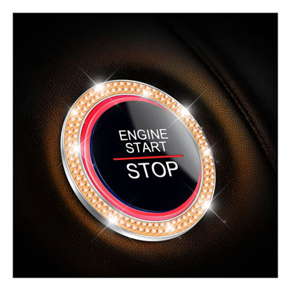 Picture of Car Bling Crystal Rhinestone Engine Start Ring Decals, 2 Pack Car Push Start Button Cover/Sticker, Key Ignition Knob Bling Ring, Sparkling Car Interior Accessories for Women (Orange)