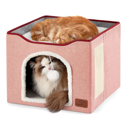 Picture of Bedsure Cat Beds for Indoor Cats - Large Cat Cave for Pet Cat House with Fluffy Ball Hanging and Scratch Pad, Foldable Cat Hideaway,16.5x16.5x13 inches, Pink