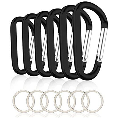 Picture of 6PCS Black Carabiner Caribeaner Clip,3" Large Aluminum D Ring Shape Carabeaner with 6PCS Keyring Keychain Hook