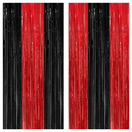 Picture of KatchOn, Red and Black Fringe Curtain, Pack of 2 - XtraLarge, 8x6.4 Feet | Red and Black Backdrop Curtain, Red and Black Party Decorations | Wrestling Party Supplies | Black and Red Party Decorations