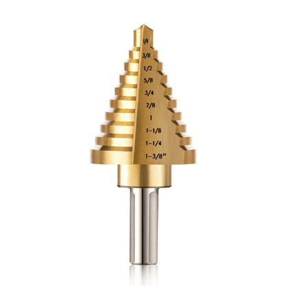 Picture of ZELCAN 10 Sizes Titanium Step Drill Bit, 1/4 to 1-3/8 Inches High Speed Steel Drill Cone Bits for Sheet Metal Hole Drilling Cutting, HSS Multi Size Hole Stepped Up Unibit for DIY Lovers Electrician