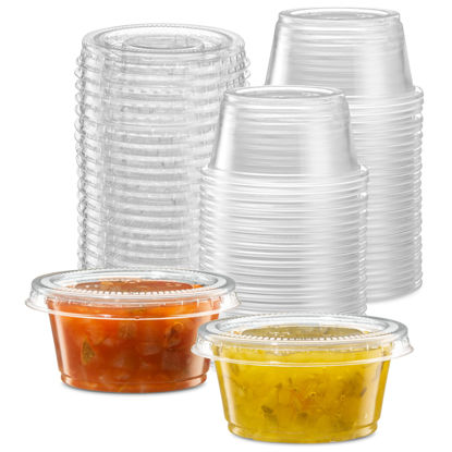 Picture of (2 oz - 100 Sets) Clear Diposable Plastic Portion Cups With Lids, Small Mini Containers For Portion Controll, Jello Shots, Meal Prep, Sauce Cups, Slime, Condiments, Medicine, Dressings, Crafts,