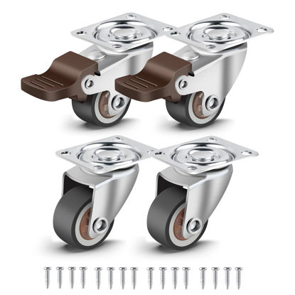 Picture of Nefish 4 Pack 1" Small Caster Wheels for Furniture Low Profile Soft Rubber Casters Swivel Plate Castors Rolling Smooth, Load Capacity 100 Lbs for Set of 4 (2 with Brake and 2 Without)