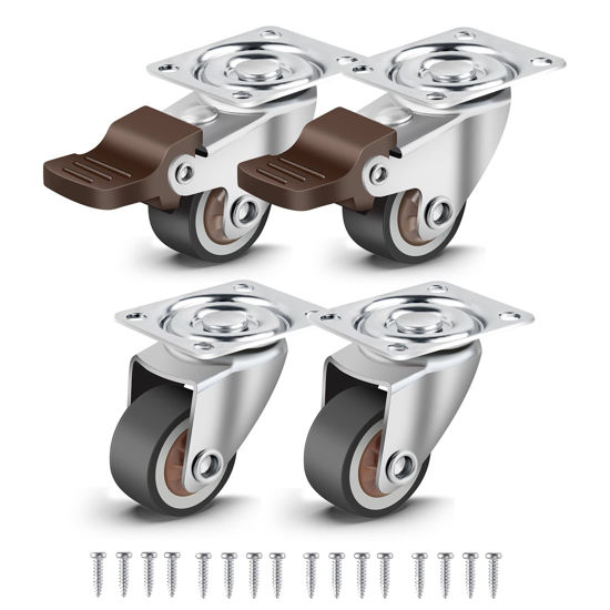Picture of Nefish 4 Pack 1" Small Caster Wheels for Furniture Low Profile Soft Rubber Casters Swivel Plate Castors Rolling Smooth, Load Capacity 100 Lbs for Set of 4 (2 with Brake and 2 Without)