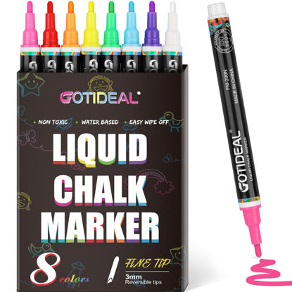 Picture of GOTIDEAL Liquid Chalk Markers, Fine Tip 8 Colors Washable Window Chalkboard Glass Pens, Paint and Drawing for Car, Blackboard, & Bistro,Kids and Adults, Non-Toxic,Wet Erase - Reversible Tip