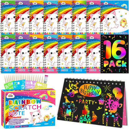 Picture of ZMLM Scratch Art Party-Favor Notebook: 16 Pack Rainbow Mini Scratch Note Bulk Art Craft Drawing Supplies Kit for Age 3-12 Year Old Kid Boy Girl DIY Toy Gift for Birthday Children's Day Activity
