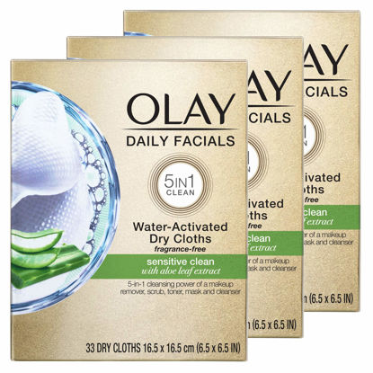 Picture of Olay Daily Facials for Clean Sensitive Skin, Makeup Remover Wipes, Soap-Free and Fragrance-Free Cleanser Cloths, 33 Count (Pack of 3) (Packaging may vary)