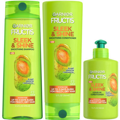 Picture of Garnier Fructis Sleek & Shine Shampoo, Conditioner + Leave-In Conditioer Set for Frizzy, Dry Hair, Plant Keratin + Argan Oil (3 Items), 1 Kit (Packaging May Vary)
