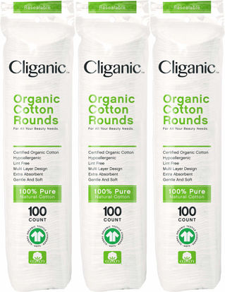 Picture of Cliganic Organic Cotton Rounds (300 Count) Makeup Remover Pads, Hypoallergenic, Lint-Free | 100% Pure Cotton