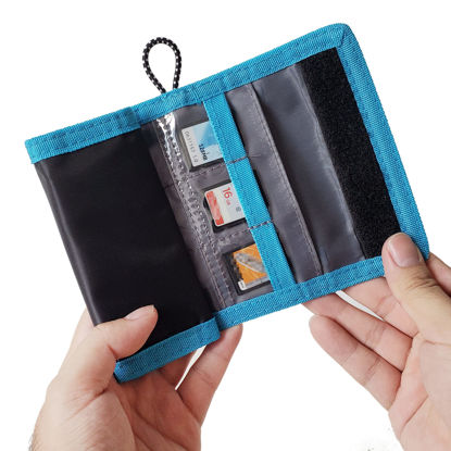 Picture of Memory Card Wallet - SD Card Storage - Slim and Foldable with Transparent Slots - Can Carry Up to 15 SD Cards - Straps with Tether Included - (Black/Blue)
