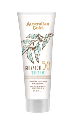 Picture of Australian Gold Botanical SPF 50 Tinted Sunscreen for Face, Non-Chemical BB Cream & Mineral Sunscreen, Water-Resistant, Matte Finish, For Sensitive Facial Skin, Fair to Light Skin Tones, 3 FL Oz