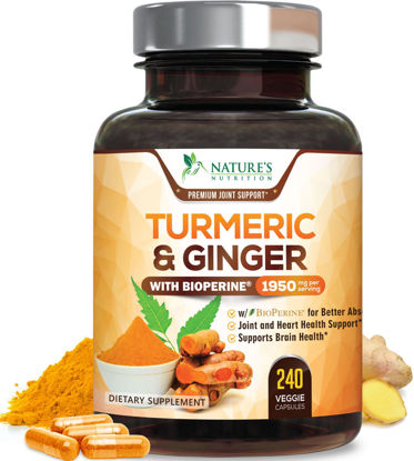 Picture of Turmeric Curcumin with BioPerine & Ginger 95% Standardized Curcuminoids 1950mg - Black Pepper for Max Absorption, Natural Joint Support, Nature's Tumeric Extract Supplement, Vegan - 240 Capsules