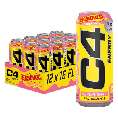 Picture of Cellucor C4 Energy Drink, STARBURST Strawberry, Carbonated Sugar Free Pre Workout Performance Drink with no Artificial Colors or Dyes, Pack of 12