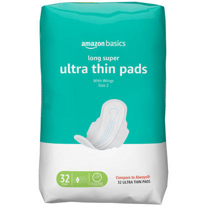 Picture of Amazon Basics Ultra Thin Pads with Flexi-Wings for Periods, Long Length, Super Absorbency, Unscented, Size 2, 32 Count, 1 Pack (Previously Solimo)