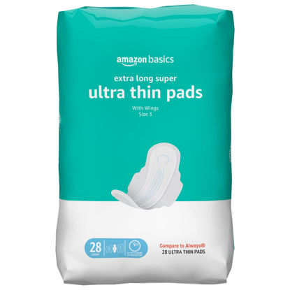 Picture of Amazon Basics Ultra Thin Pads with Flexi-Wings for Periods, Extra Long Length, Super Absorbency, Unscented, Size 3, 28 Count, 1 Pack (Previously Solimo)