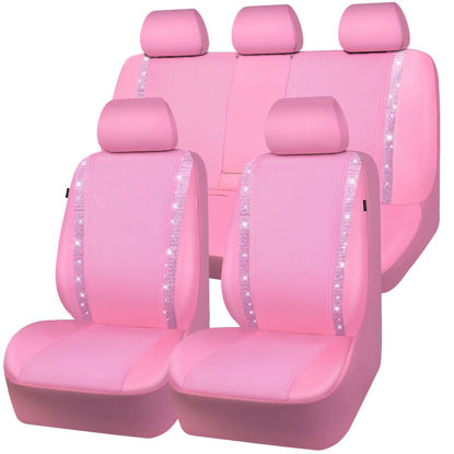 Picture of CAR PASS Bling Car Seat Covers Full Set, Shining Rhinestone Diamond Waterproof Faux Leather, Rear with Zipper, Universal Fit 95% Automotive Glitter Crystal Sparkle Strips for Cute Women Girl, Pink