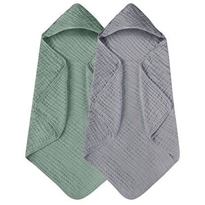 Picture of Yoofoss Hooded Baby Towels for Newborn 2 Pack 100% Muslin Cotton Baby Bath Towel with Hood for Babies, Infant, Toddler and Kids, Large 32x32Inch, Soft and Absorbent Newborn Essential