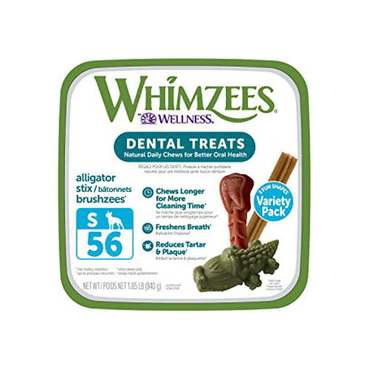 Picture of WHIMZEES by Wellness Small Dental Chews Variety Box: All-Natural, Grain-Free, Long Lasting Treats with Grooved Design for Improved Cleaning - Freshens Breath & Reduces Plaque - 56 Count
