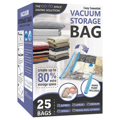Picture of 25 Pack Vacuum Storage Bags, Space Saver Bags (5 Jumbo/5 Large/5 Medium/5 Small/5 Roll) Compression Storage Bags for Comforters and Blankets, Vacuum Sealer Bags for Clothes Storage, Hand Pump Included