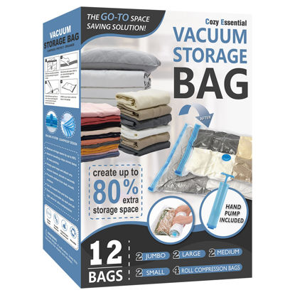 Picture of 12 Pack Vacuum Storage Bags, Space Saver Bags (2 Jumbo/2 Large/2 Medium/2 Small/4 Roll) Compression Storage Bags for Comforters and Blankets, Vacuum Sealer Bags for Clothes Storage, Hand Pump Included