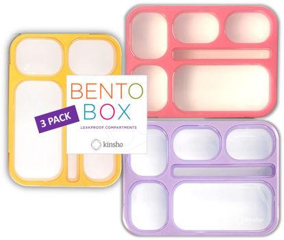 Picture of 6 Compartment Lunch Boxes. Bento Box Lunchbox Snack Containers for Kids, Boys Girls Adults. School Daycare Meal Planning Portion Control Container. Leakproof BPA-Free. Set of 3, Pink Purple Orange