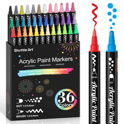 Picture of Shuttle Art 36 Colors Dual Tip Acrylic Paint Markers, Brush Tip and Dot Tip Acrylic Paint Pens for Rock Painting, Ceramic, Wood, Canvas, Plastic, Glass, Stone, Calligraphy, Card Making, DIY Crafts