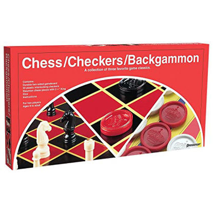 Picture of Pressman Chess / Checkers / Backgammon - 3 Games in One with Full Size Staunton Chess Pieces and Interlocking Checkers, 15.62 x 8.00 x 1.50 Inches