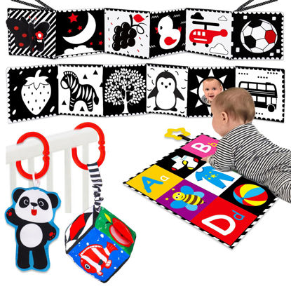 Picture of 4 PCS Black and White High Contrast Baby Toys 0-3-6 Months Newborn Essential Montessori Toys for Babies Crinkle Sensory Book for Brain Development Tummy Time Mirror Infant Carseat Rattle 9 Month Gift