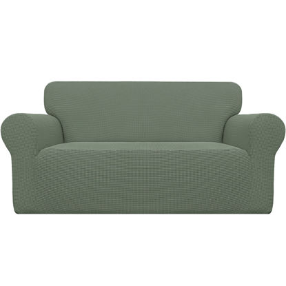 Picture of Easy-Going Stretch Loveseat Slipcover 1-Piece Sofa Cover Furniture Protector Couch Soft with Elastic Bottom for Kids Polyester Spandex Jacquard Fabric Small Checks (Loveseat, Greyish Green)