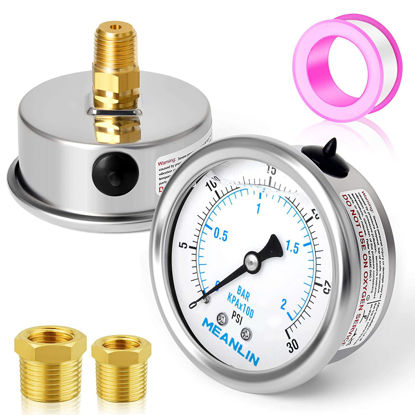 Picture of MEANLIN MEASURE 0~30Psi Stainless Steel 1/4" NPT 2.5" FACE DIAL Liquid Filled Pressure Gauge WOG Water Oil Gas Center Back Mount