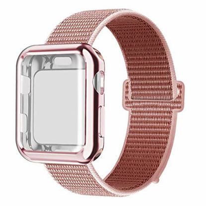 Picture of QIENGO Compatible with Apple Watch Band with Case 42MM, Soft Nylon Strap with Silicone Screen Protector, Replacement for iWatch Sport Series 3/2 / 1 (Rose Pink, 42mm)