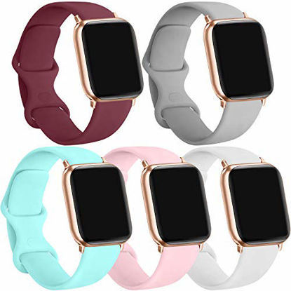 Picture of [5 Pack] Silicone Bands Compatible for Apple Watch Bands 38mm 40mm, Sport Band Compatible for iWatch Series 6 5 4 3 SE, Wine red/Gray/Light Blue/Pink/White, 38mm/40mm-S/M
