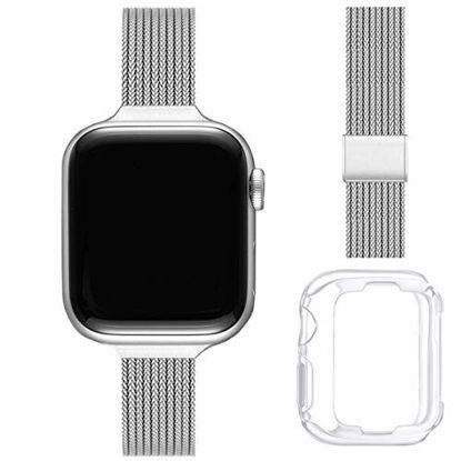 Picture of ZXCASD Slim Watch Band Compatible with iWatch Band 38mm 40mm 42mm 44mm for Women Girls, Stainless Steel Mesh Strap Replacement for iWatch SE iwatch Series 6/5/4/3/2/1 (Silver, 42mm 44mm)