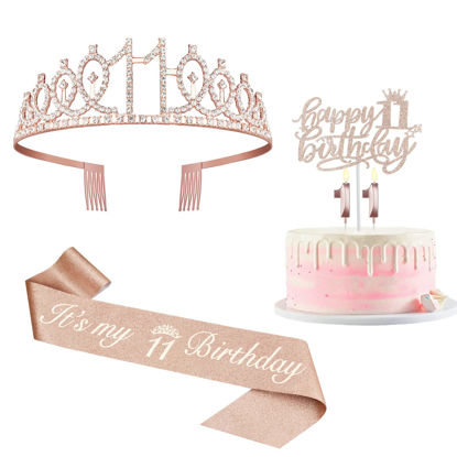 Picture of 11th Birthday Decorations for Girl Including 11th Birthday Girl Sash, Birthday Crown for Girls, Numeral 11 Candle and Cake Topper, 11 Year Old Birthday Decorations for Girls Rose Gold Party Favor Supplies