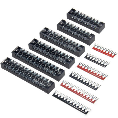 Picture of MILAPEAK Terminal Block and Strip - 6 Sets 8/10/12 Positions 600V 15A Dual Row Wire Screw Terminal Strip Block with Cover + 400V 15A Pre-Insulated Terminals Barrier Strips Jumpers (Black & Red)