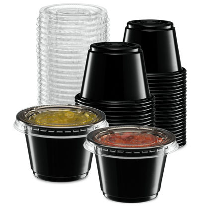 Picture of {2.5 oz - 100 Sets} Black Diposable Plastic Portion Cups With Lids, Small Mini Containers For Portion Controll, Jello Shots, Meal Prep, Sauce Cups, Slime, Condiments, Medicine, Dressings, Crafts, Disposable Souffle Cups & Much more