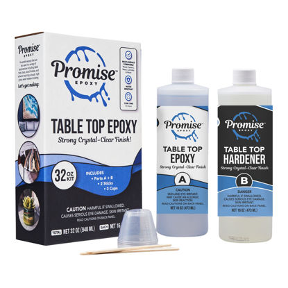 Picture of Promise Table Top Epoxy Resin That Self Levels, This is a 32 Ounce High Gloss (16oz Resin + 16oz Hardener) Kit with Mixing Sticks and Measuring Cups - Perfect for Home Decor, Furniture, or DIYer's