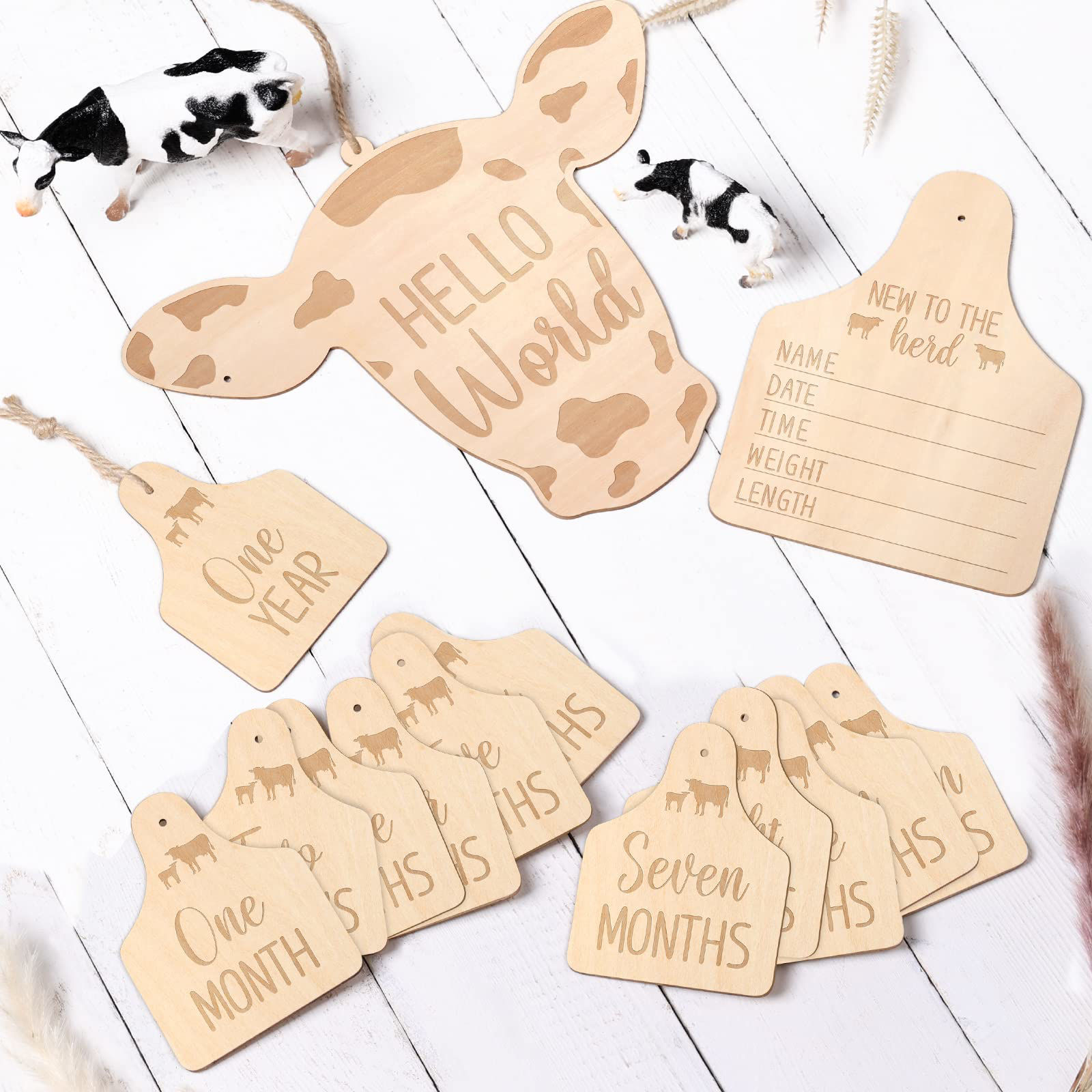 Maitys 14-Piece Cow Theme Baby Monthly Milestone Cards - Rustic Wooden Photo Props For Newborn Growth Pictures, Baby Shower Gift